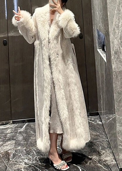 Style White Fox Collar Patchwork Pockets Leather And Fur Long Coats Winter RP020 ABC