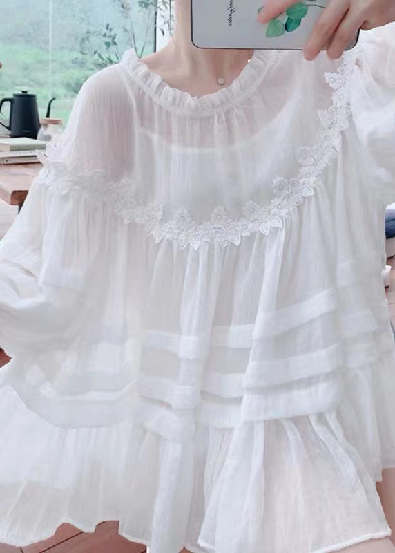 Style White Lace Ruffled Patchwork Cotton Blouses Lantern Sleeve FF020 MZF-HTP240607