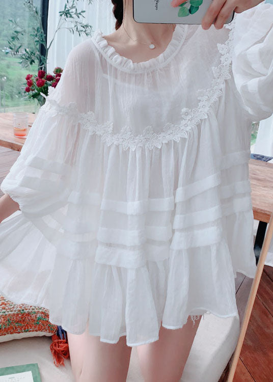 Style White Lace Ruffled Patchwork Cotton Blouses Lantern Sleeve FF020 MZF-HTP240607