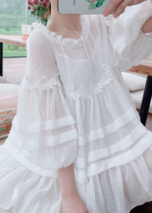 Style White Lace Ruffled Patchwork Cotton Blouses Lantern Sleeve FF020 MZF-HTP240607