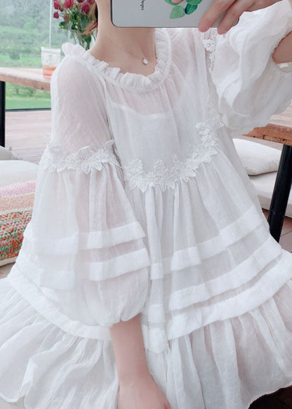 Style White Lace Ruffled Patchwork Cotton Blouses Lantern Sleeve FF020 MZF-HTP240607