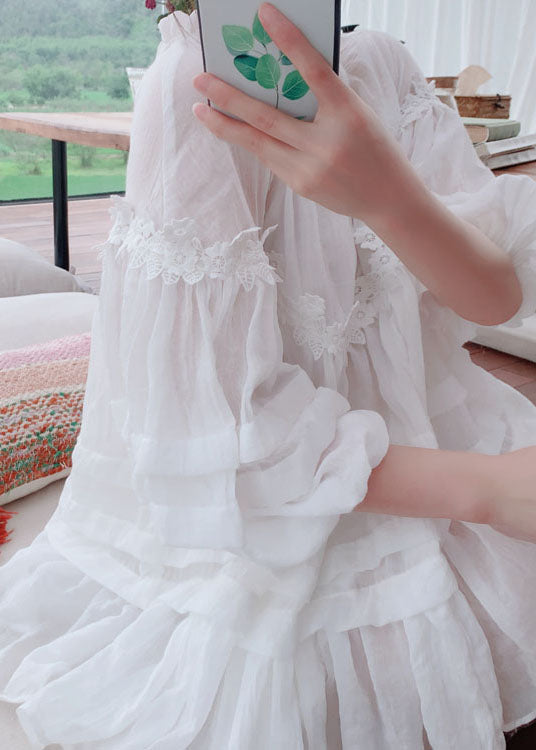 Style White Lace Ruffled Patchwork Cotton Blouses Lantern Sleeve FF020 MZF-HTP240607