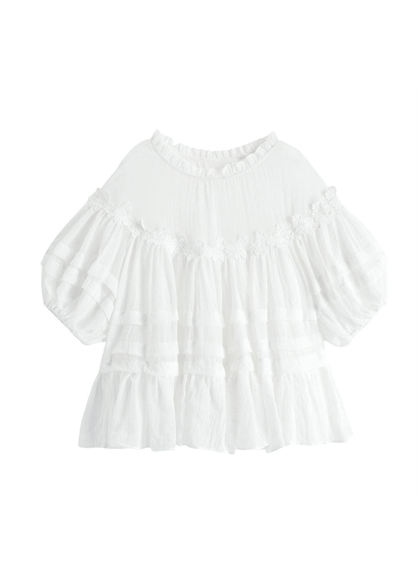 Style White Lace Ruffled Patchwork Cotton Blouses Lantern Sleeve FF020 MZF-HTP240607