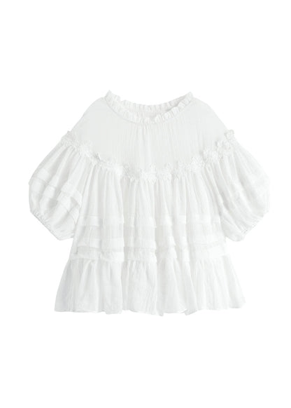 Style White Lace Ruffled Patchwork Cotton Blouses Lantern Sleeve FF020 MZF-HTP240607
