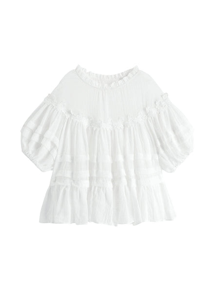 Style White Lace Ruffled Patchwork Cotton Blouses Lantern Sleeve FF020 MZF-HTP240607
