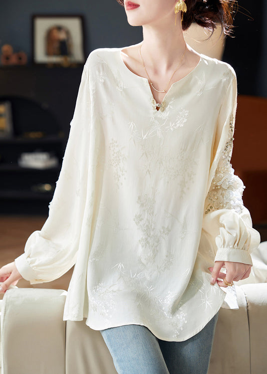 Style White Nail Bead Jacquard Chiffon Blouses Spring RL020 ABC