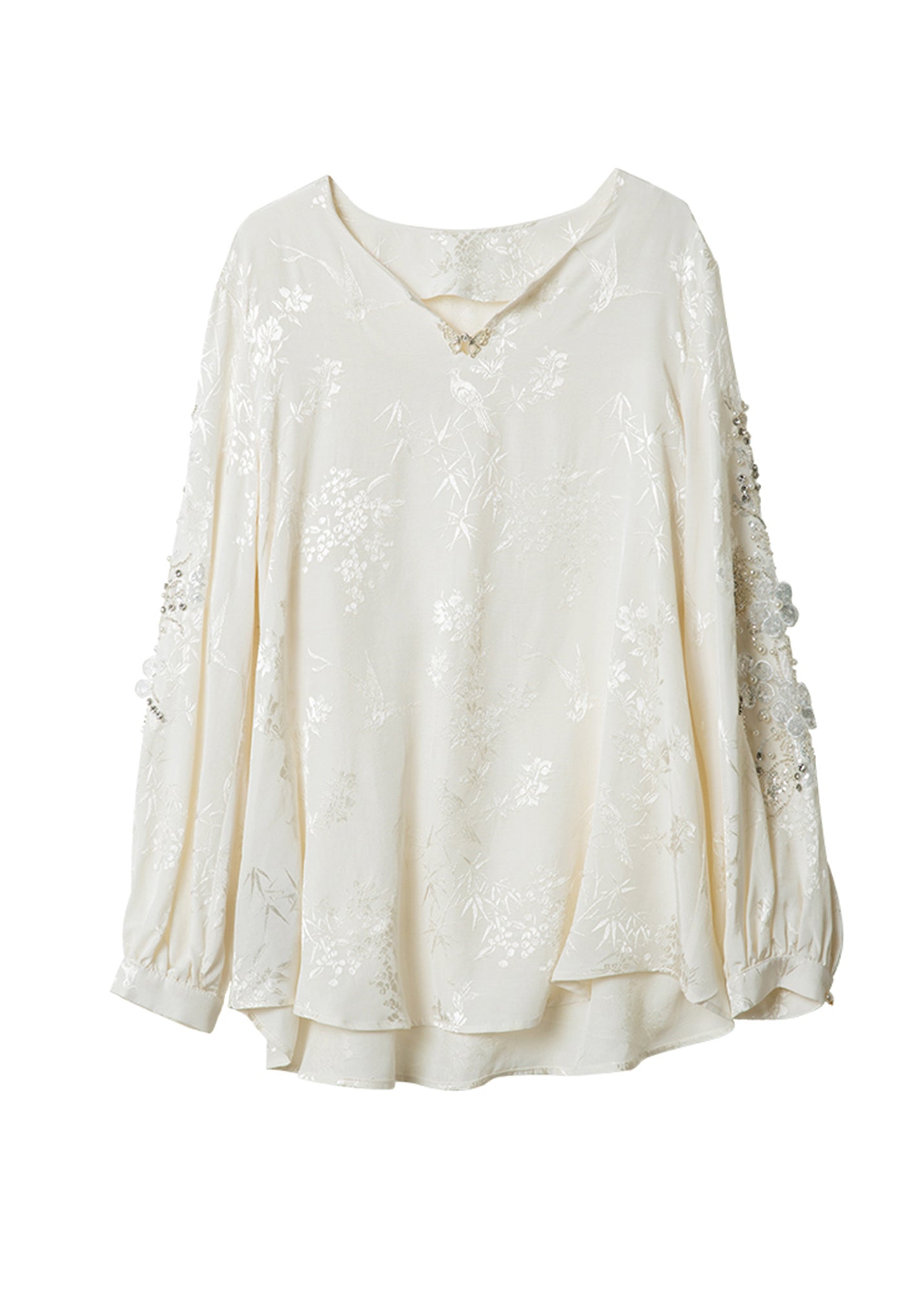 Style White Nail Bead Jacquard Chiffon Blouses Spring RL020 ABC