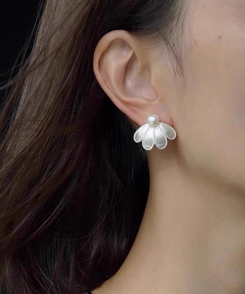 White Stud Sterling Earrings Pearl Silver Style Petal FashionChic
