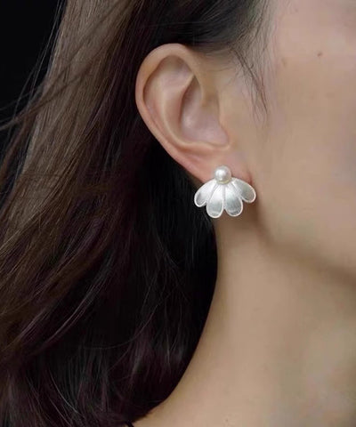 White Stud Sterling Earrings Pearl Silver Style Petal FashionChic