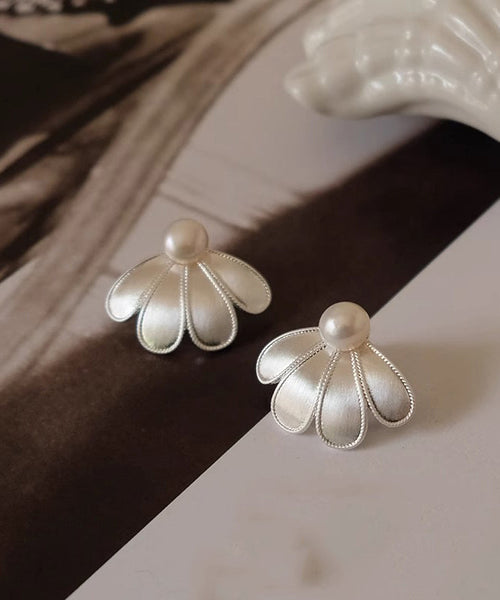 White Stud Sterling Earrings Pearl Silver Style Petal FashionChic