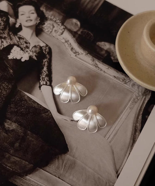 White Stud Sterling Earrings Pearl Silver Style Petal FashionChic