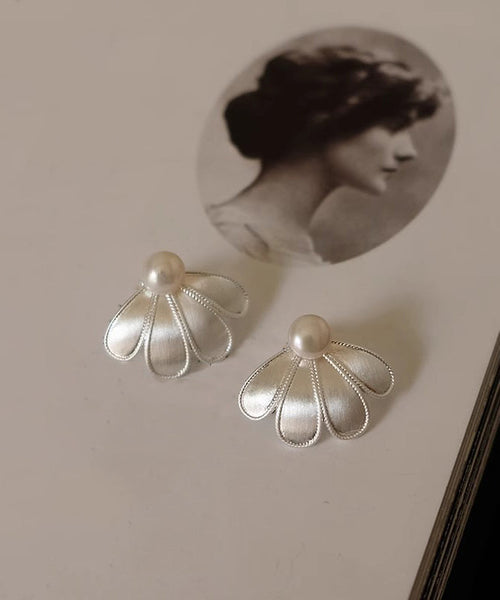 White Stud Sterling Earrings Pearl Silver Style Petal FashionChic