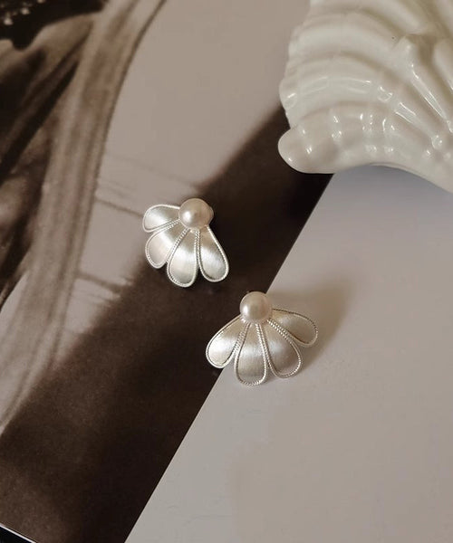 White Stud Sterling Earrings Pearl Silver Style Petal FashionChic