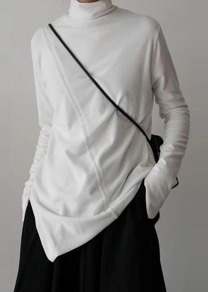 Style White Stand Collar Asymmetrical Design Cotton Tops Spring TL002