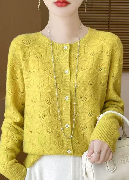 Style Yellow Hollow Out Jacquard Wool Cardigan Spring TQ016 ABC