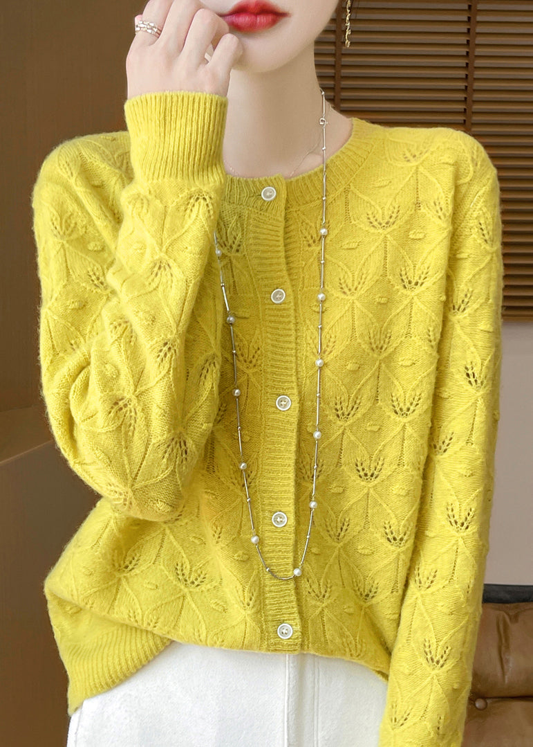 Style Yellow Hollow Out Jacquard Wool Cardigan Spring TQ016 ABC