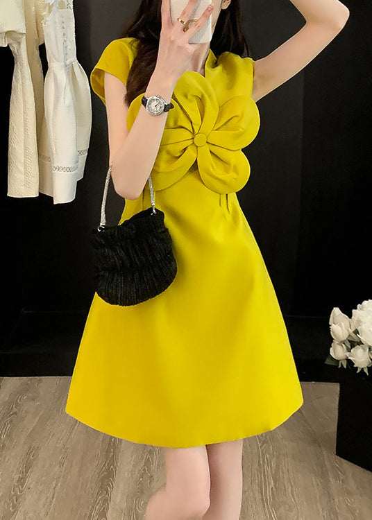 Floral Neck Style Cotton Dress Summer O Yellow Decorated FashionChic