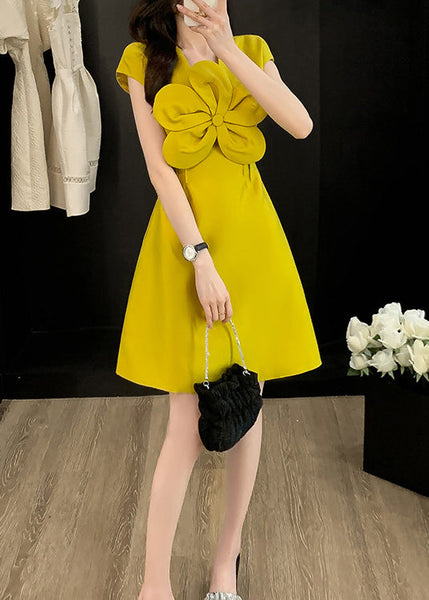 Floral Neck Style Cotton Dress Summer O Yellow Decorated FashionChic