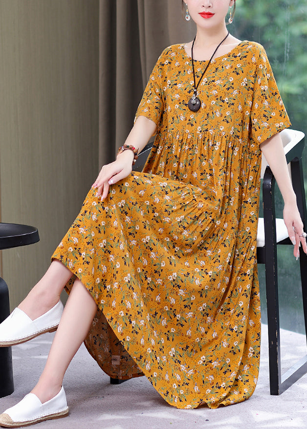 Style Yellow O-Neck Print Wrinkled Long Dress Summer GH1057 Ada Fashion