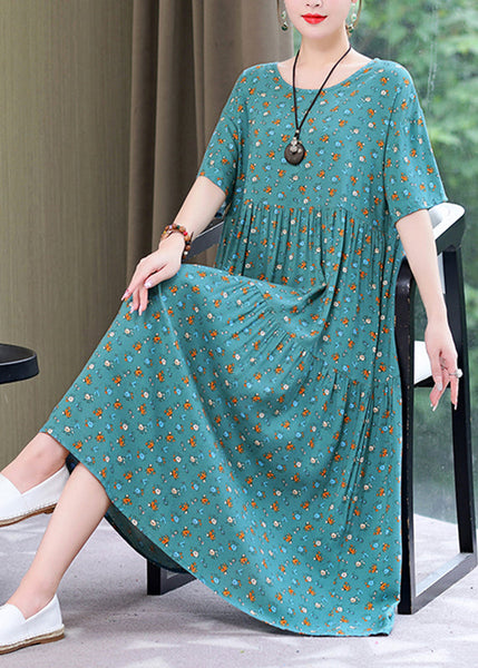 Style Yellow O-Neck Print Wrinkled Long Dress Summer GH1057 Ada Fashion