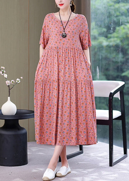 Style Yellow O-Neck Print Wrinkled Long Dress Summer GH1057 Ada Fashion