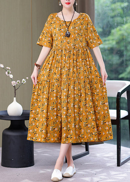 Style Yellow O-Neck Print Wrinkled Long Dress Summer GH1057 Ada Fashion