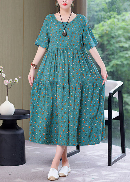 Style Yellow O-Neck Print Wrinkled Long Dress Summer GH1057 Ada Fashion