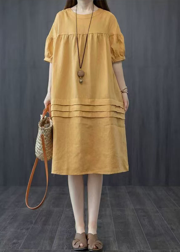 Style Summer Patchwork Wrinkled Yellow Oversized Dress Mid FashionChic