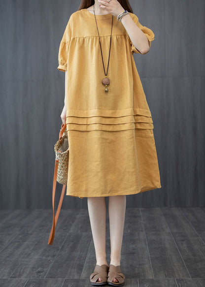 Style Summer Patchwork Wrinkled Yellow Oversized Dress Mid FashionChic