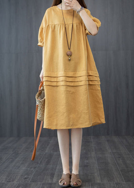 Mid Summer Patchwork Yellow Dress Wrinkled Style Oversized FashionChic