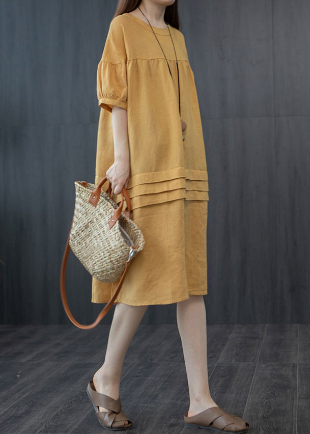 Style Summer Patchwork Wrinkled Yellow Oversized Dress Mid FashionChic