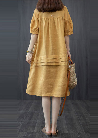 Style Summer Patchwork Wrinkled Yellow Oversized Dress Mid FashionChic