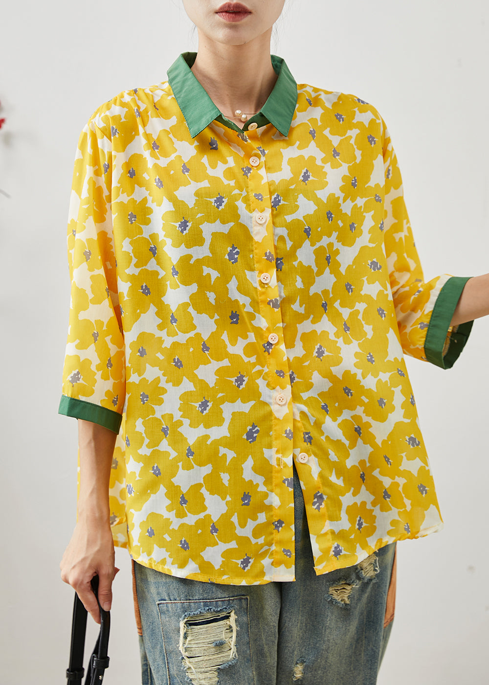 Style Yellow Oversized Print Linen Shirt Tops Bracelet Sleeve AP1076 AM-HTP240904