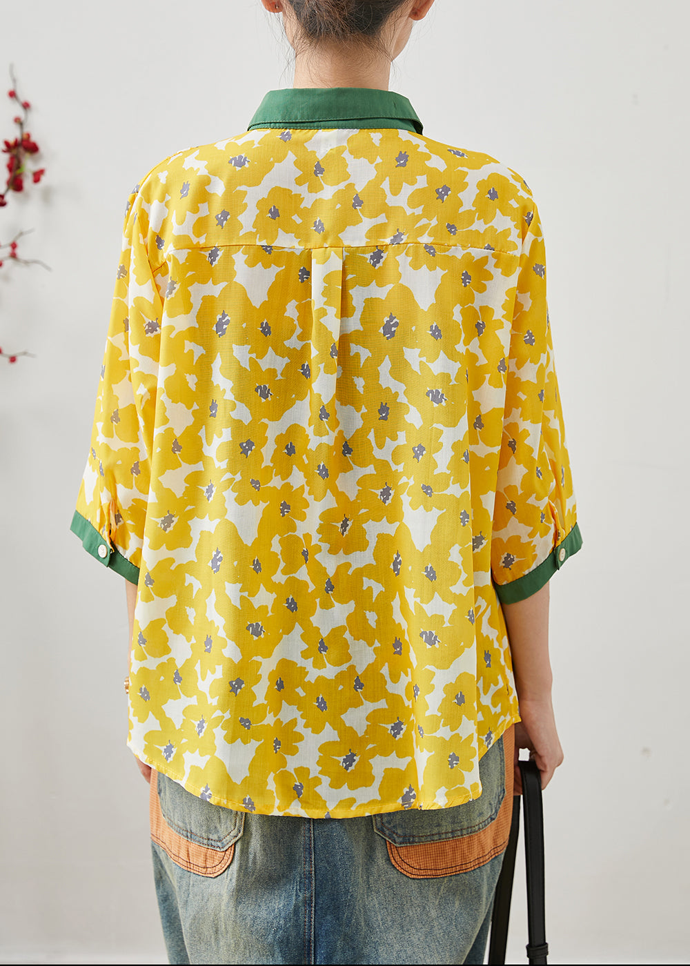 Style Yellow Oversized Print Linen Shirt Tops Bracelet Sleeve AP1076 AM-HTP240904