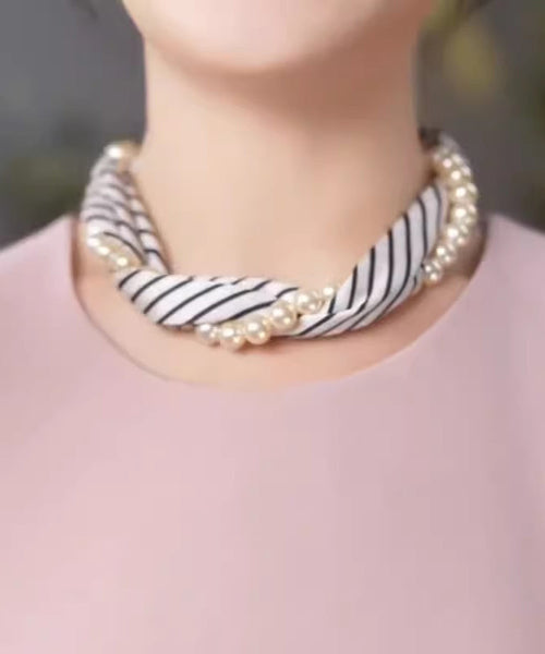 Style Yellow Silk Print Pearl Silk Scarf Choker YU010 ABC