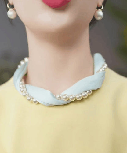 Style Yellow Silk Print Pearl Silk Scarf Choker YU010 ABC