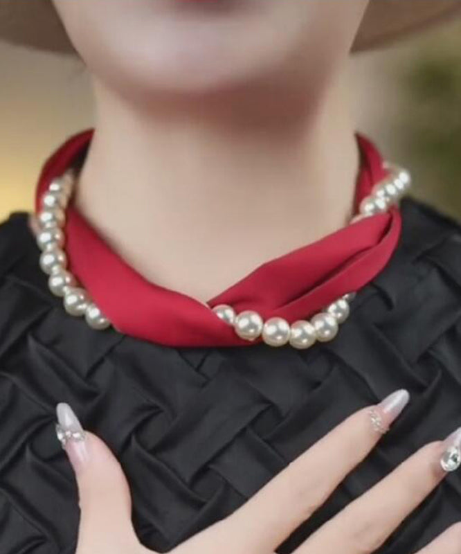 Style Yellow Silk Print Pearl Silk Scarf Choker YU010 ABC