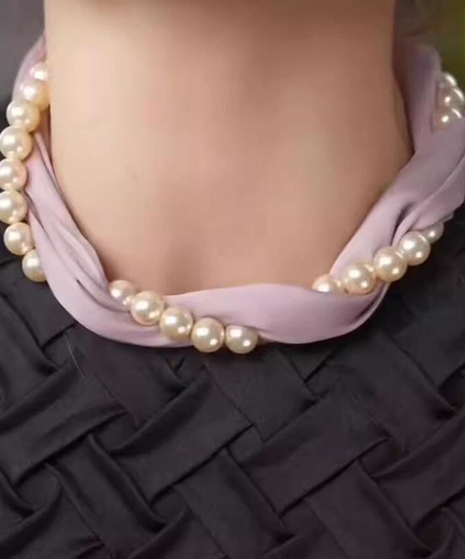 Style Yellow Silk Print Pearl Silk Scarf Choker YU010 ABC