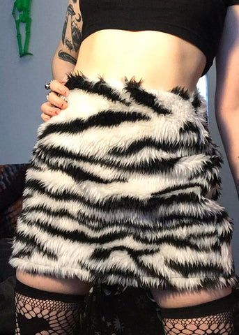 Style Zebra Pattern Black High Waist Faux Fur Skirt Spring TN021 ABC
