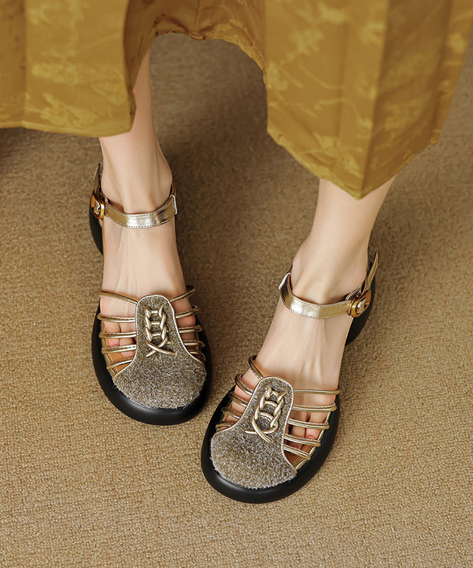 Hollow Stylish Apricot Out Chunky Heel Sandals Splicing FashionChic