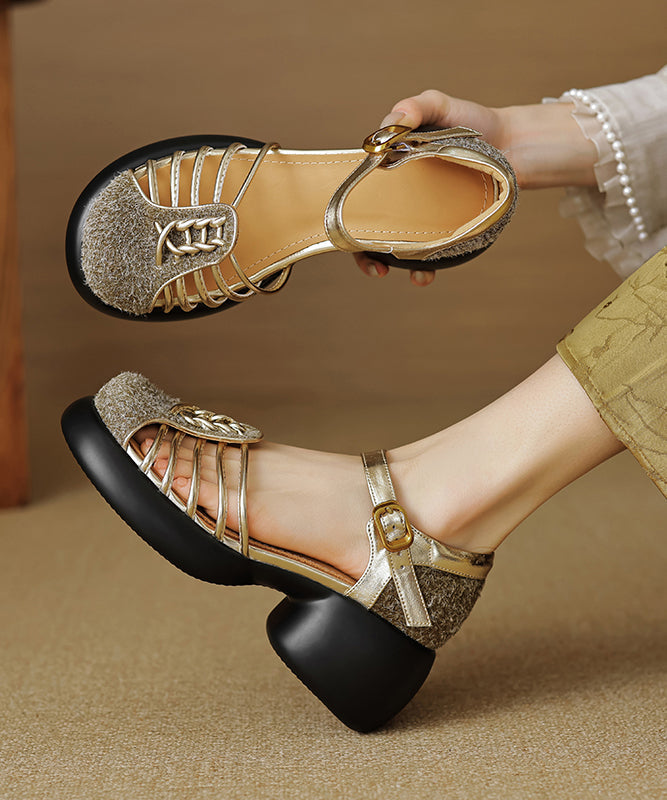 Hollow Stylish Apricot Out Chunky Heel Sandals Splicing FashionChic