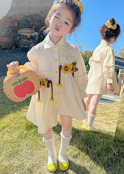 Stylish Apricot Peter Pan Collar Asymmetrical Wrinkled Floral Kids Long Shirts Dress Fall SS1055 MM-RCTZ-FDL240601