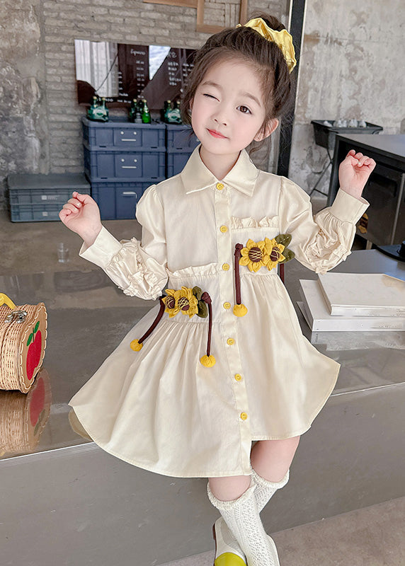 Stylish Apricot Peter Pan Collar Asymmetrical Wrinkled Floral Kids Long Shirts Dress Fall SS1055 MM-RCTZ-FDL240601