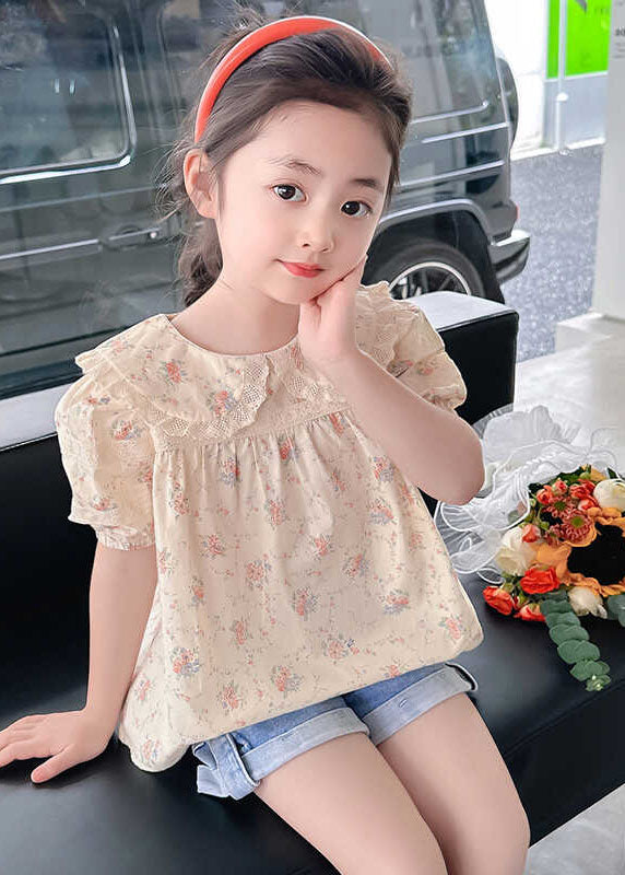 Stylish Apricot Peter Pan Collar Print Wrinkled Girls Top Short Sleeve SS1015 MM-RCTZ-STP240601