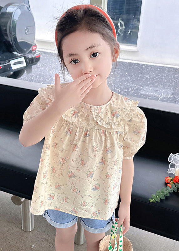 Stylish Apricot Peter Pan Collar Print Wrinkled Girls Top Short Sleeve SS1015 MM-RCTZ-STP240601