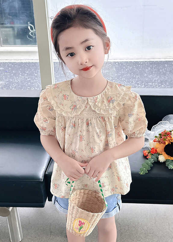 Stylish Apricot Peter Pan Collar Print Wrinkled Girls Top Short Sleeve SS1015 MM-RCTZ-STP240601