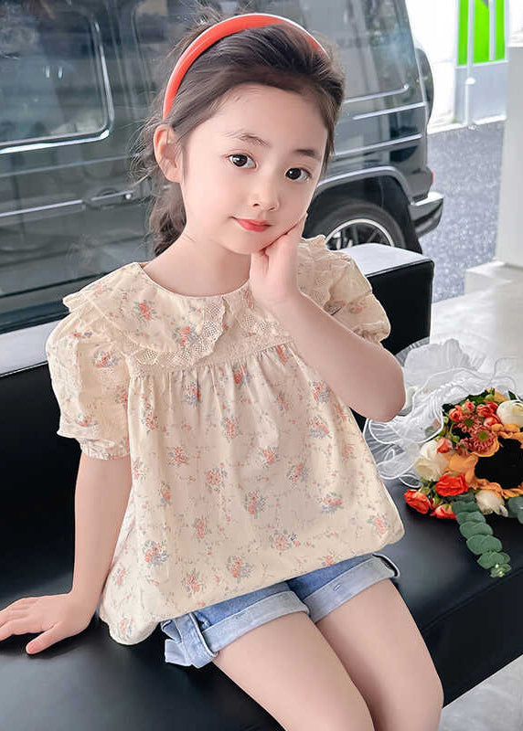 Stylish Apricot Peter Pan Collar Print Wrinkled Girls Top Short Sleeve SS1015 MM-RCTZ-STP240601