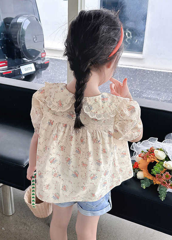 Stylish Apricot Peter Pan Collar Print Wrinkled Girls Top Short Sleeve SS1015 MM-RCTZ-STP240601