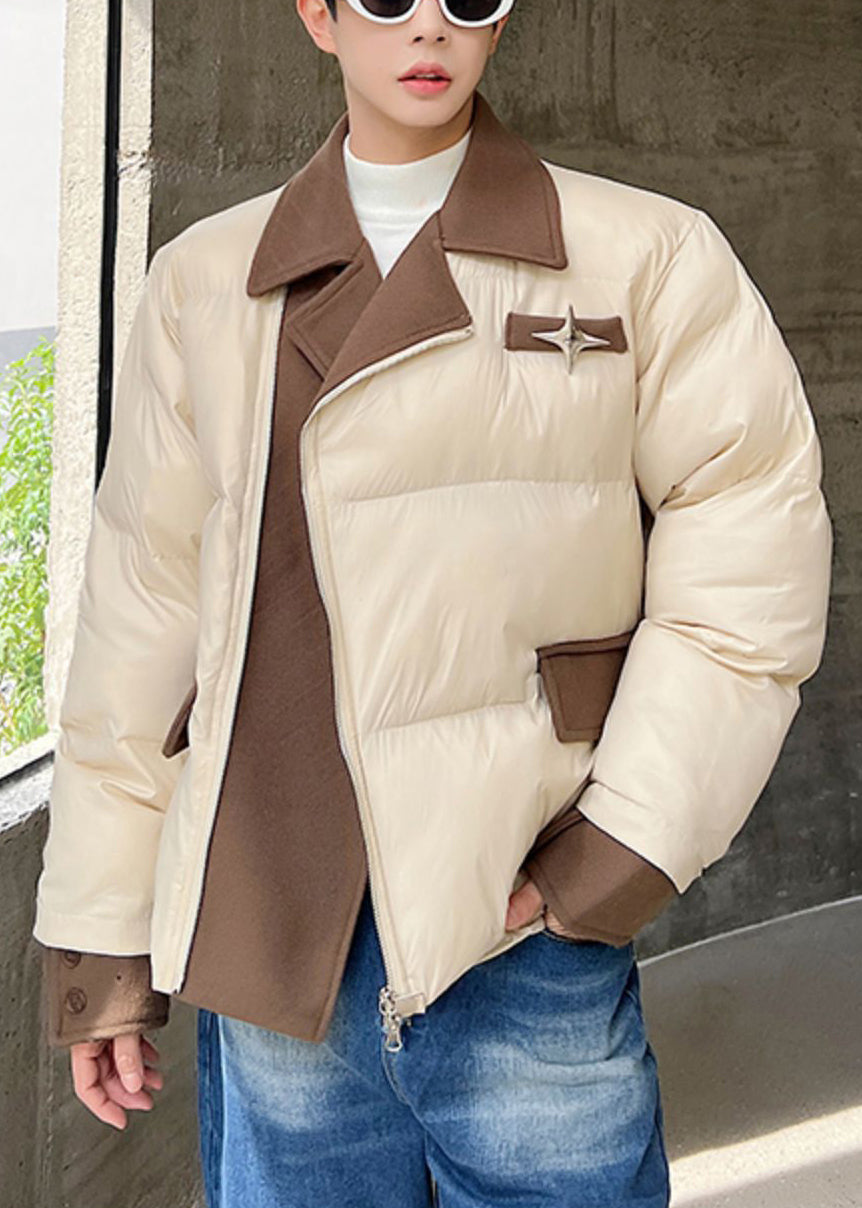 Stylish Apricot Zip Up Patchwork Men Parkas Winter WL001 MENCW241123