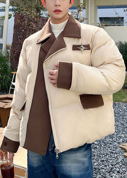 Stylish Apricot Zip Up Patchwork Men Parkas Winter WL001 MENCW241123